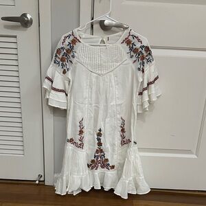 Free People White Mini Dress with Floral Embroidery